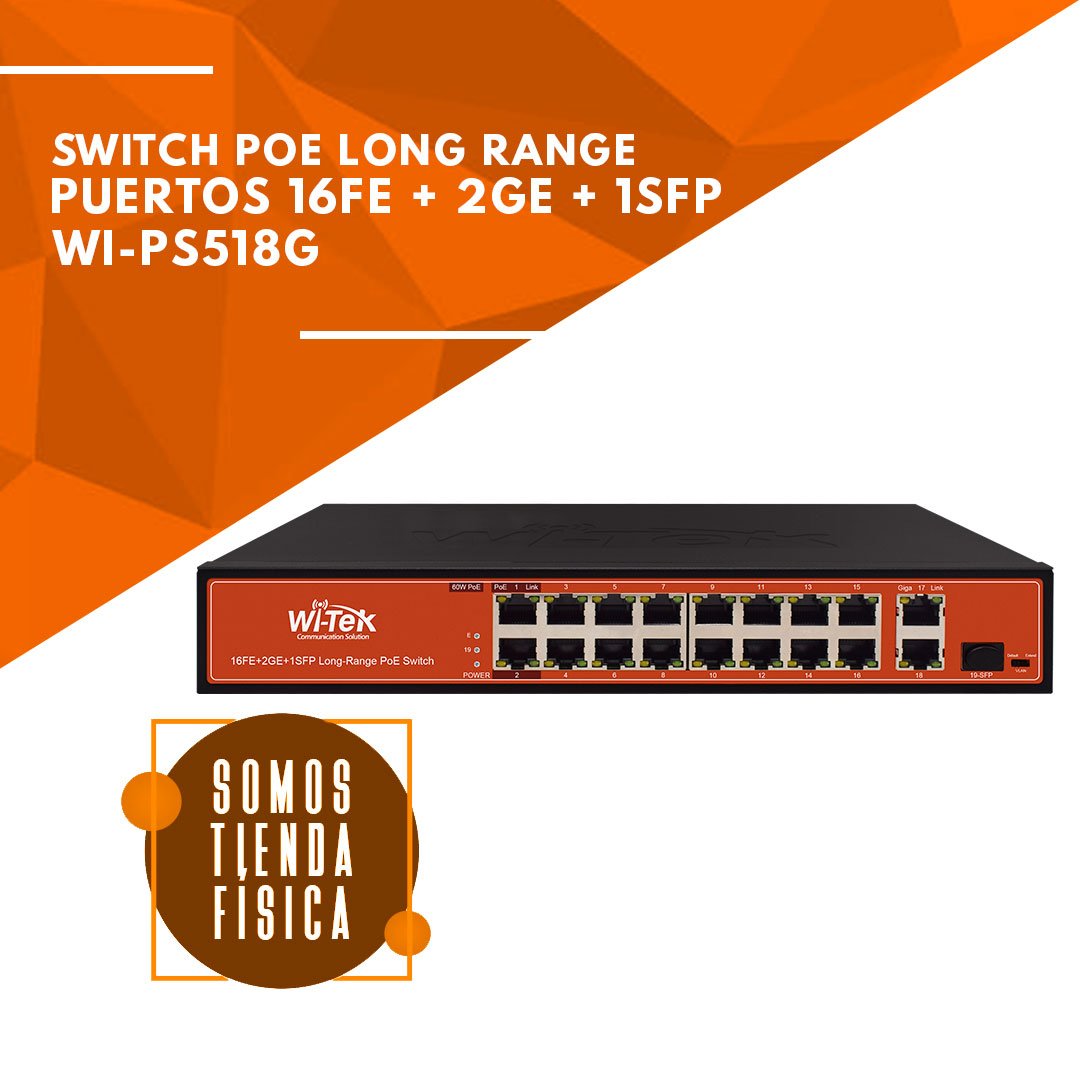 Switch PoE 48V LR 16 puertos | WI-PS518G
